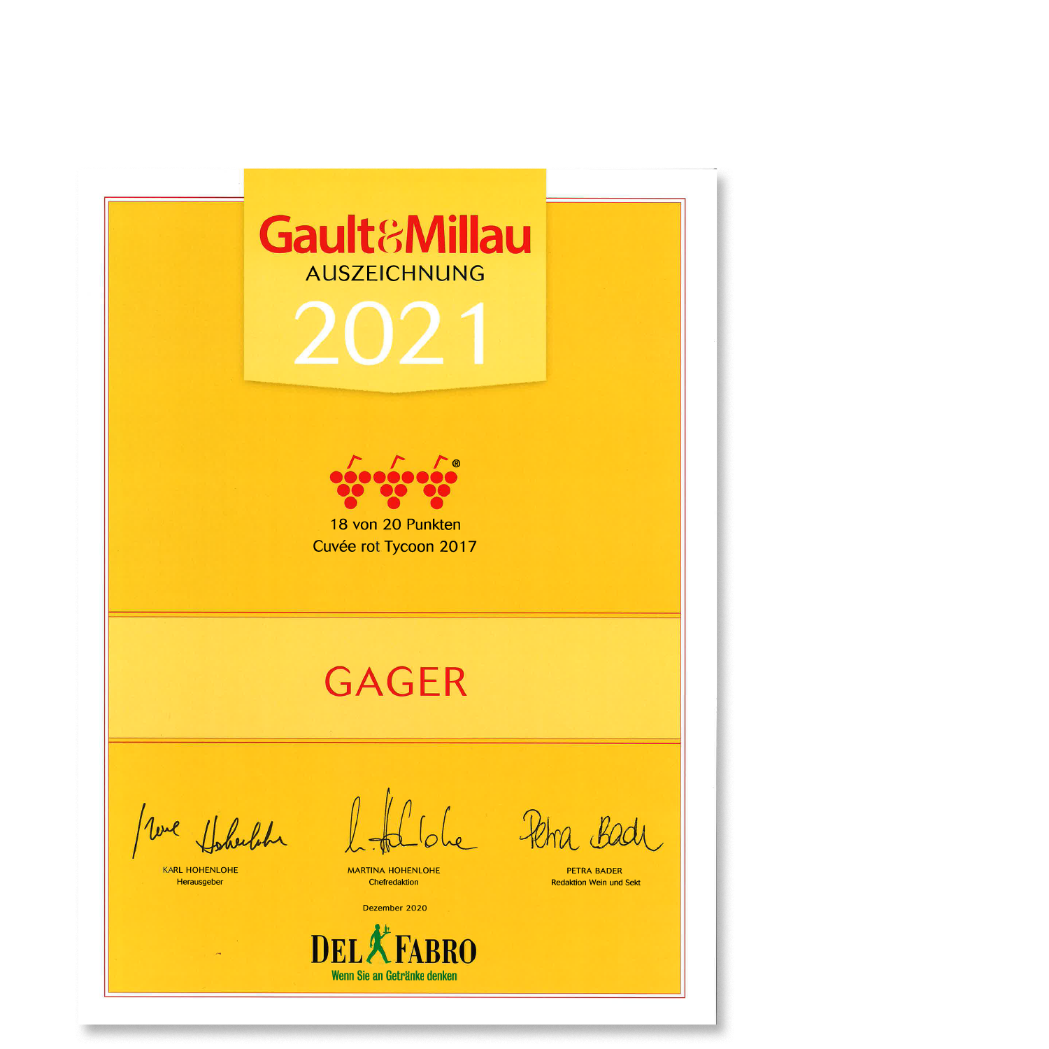 Urkunde Gault&Millau - Weingut GAGER