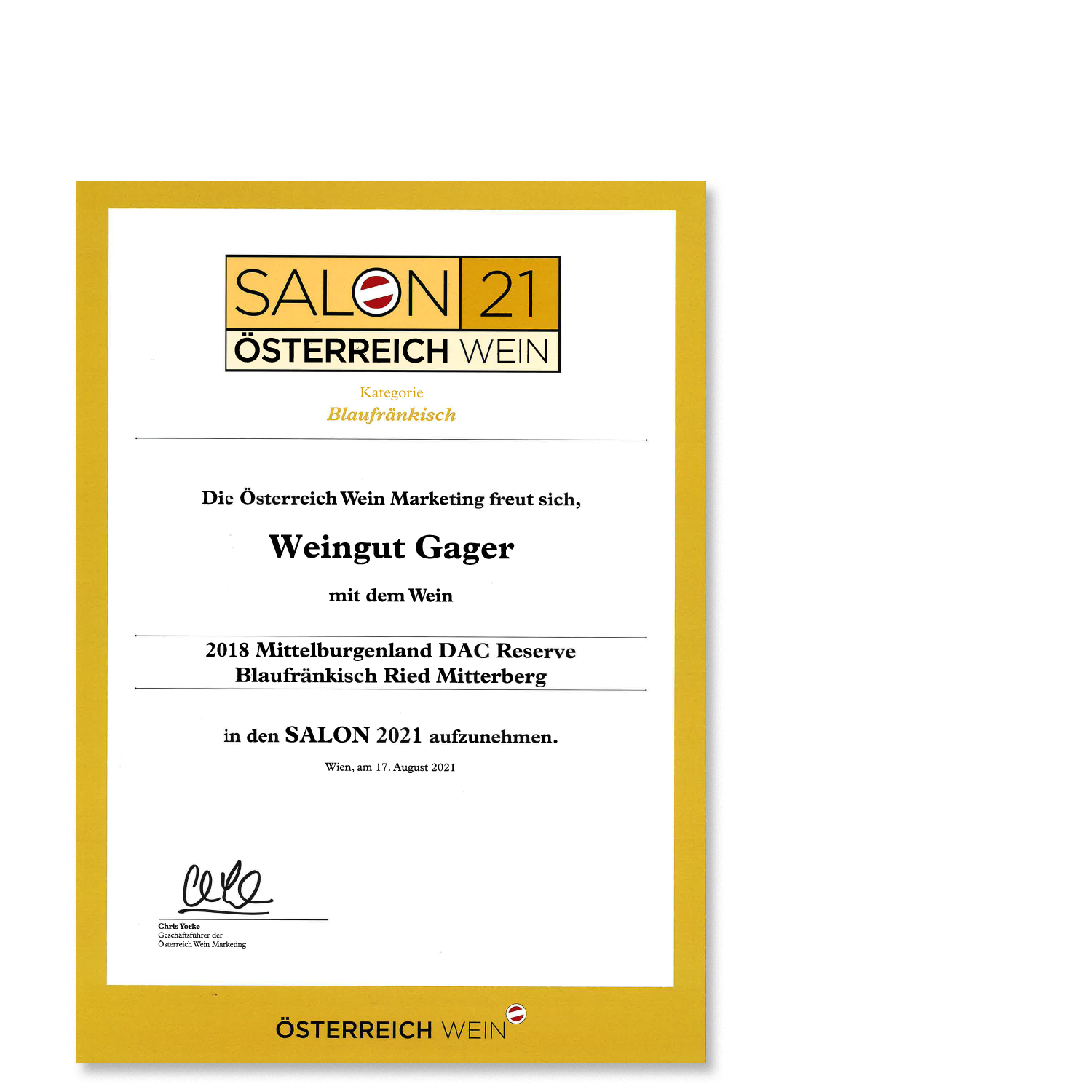 Urkunde Salon21 - Weingut Gager