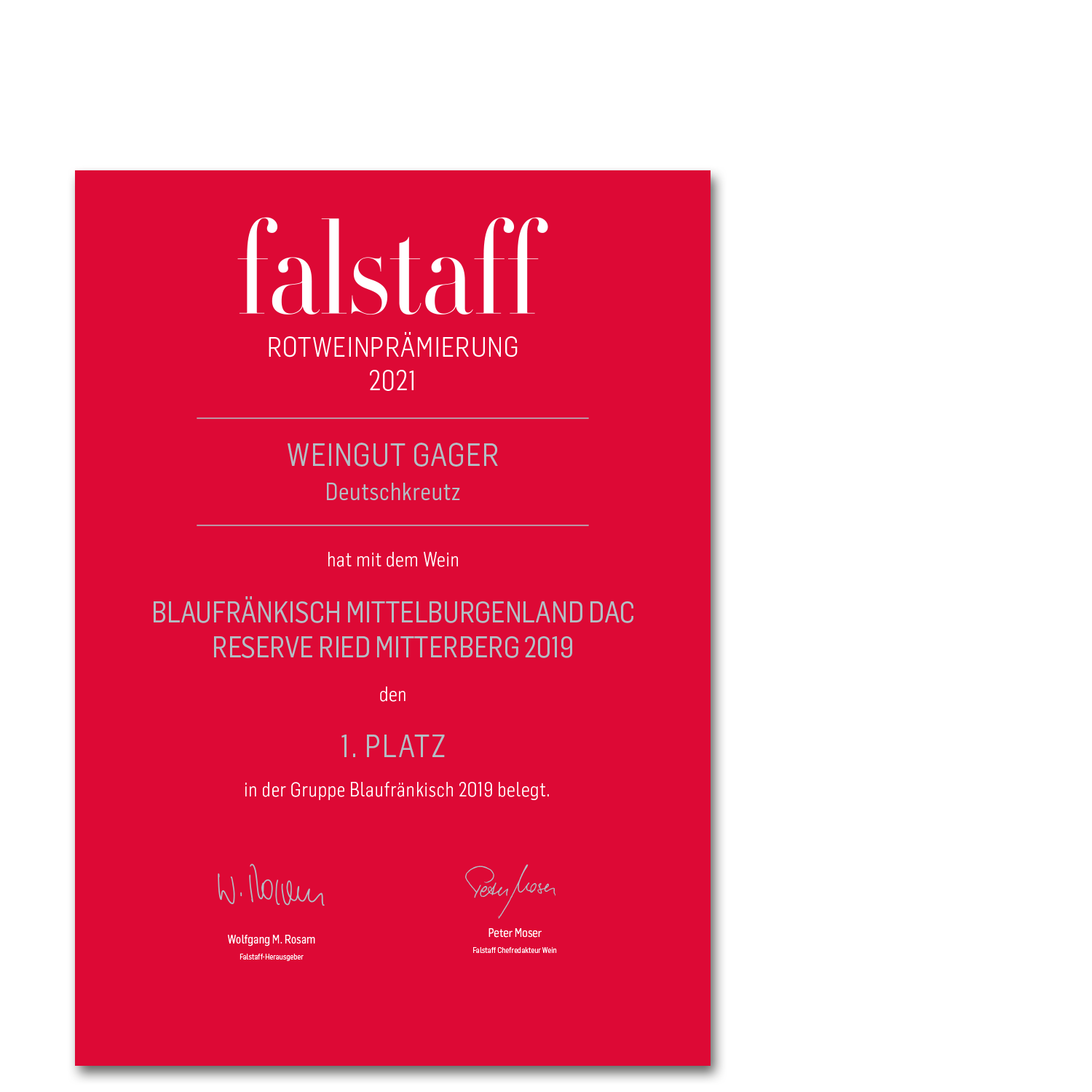 Urkunde "Falstaff 1. Platz" - Weingut GAGER